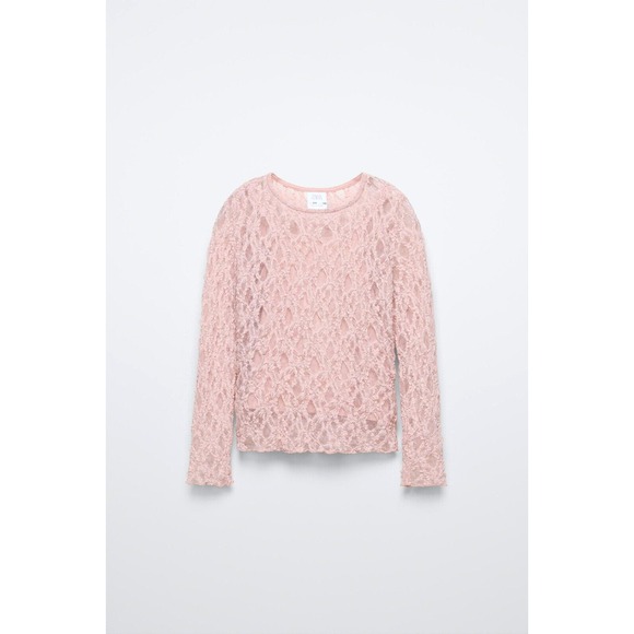 Zara Girls Lace Top Size 6/7 Pink Long Sleeve Sheer Overlay NWT Cotton Lined - Picture 1 of 6